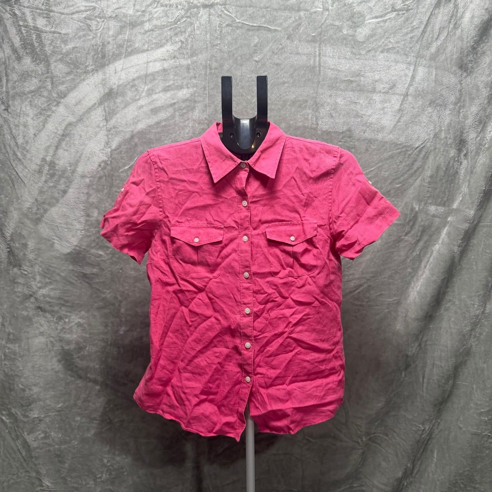 LLBean Mens Linen Short Sleeve Button Up Shirt Hot‎ Pink Size Small